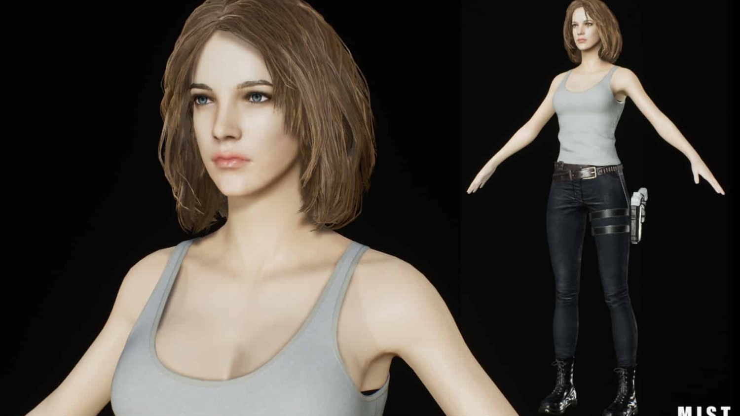 3D model of a woman wearing a grey tank top, black jeans, and black boots with a holstered gun on her thigh