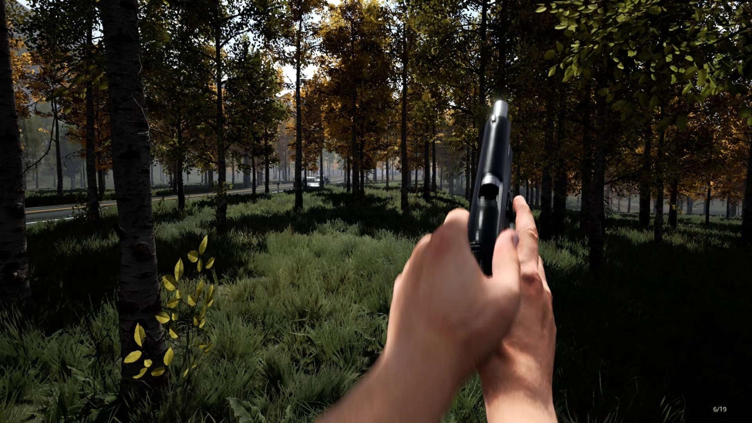 Hand holding a pistol from a first-person view in a dense forest with autumn leaves and green underbrush