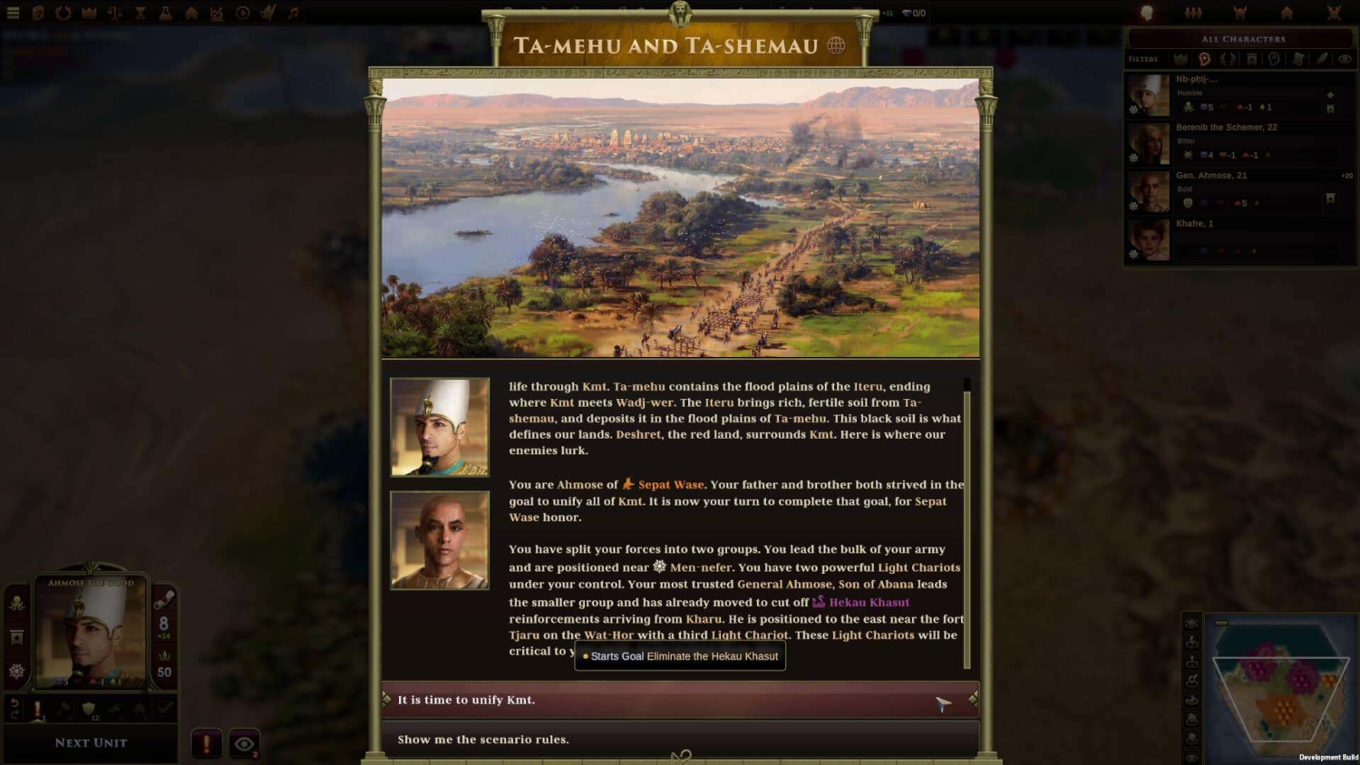 Strategy game screen showing historical map, character portraits, and campaign objectives in ancient Egypt