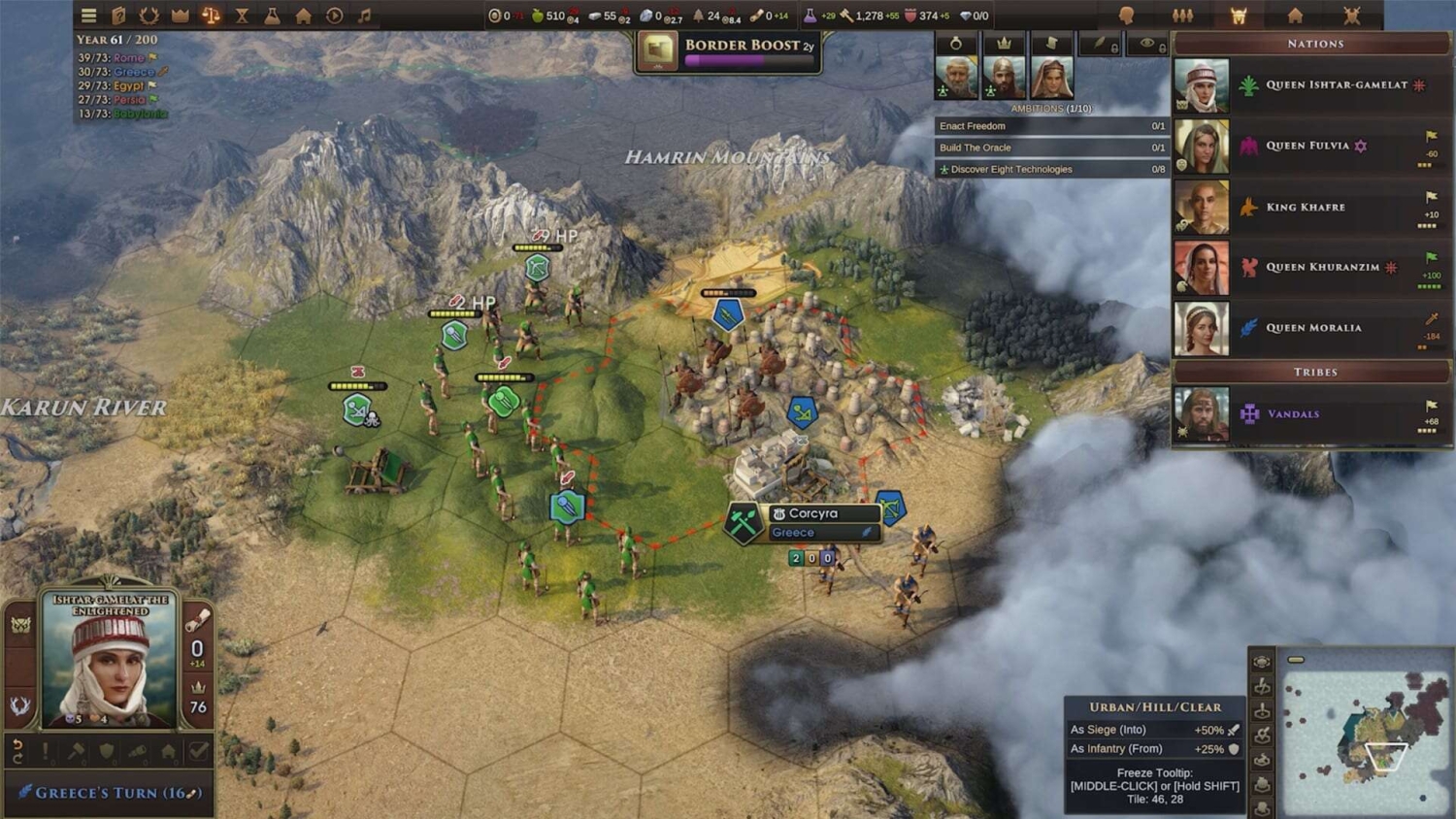 Turn-based strategy game screen with ancient units, terrain features, and faction details on a hexagonal grid