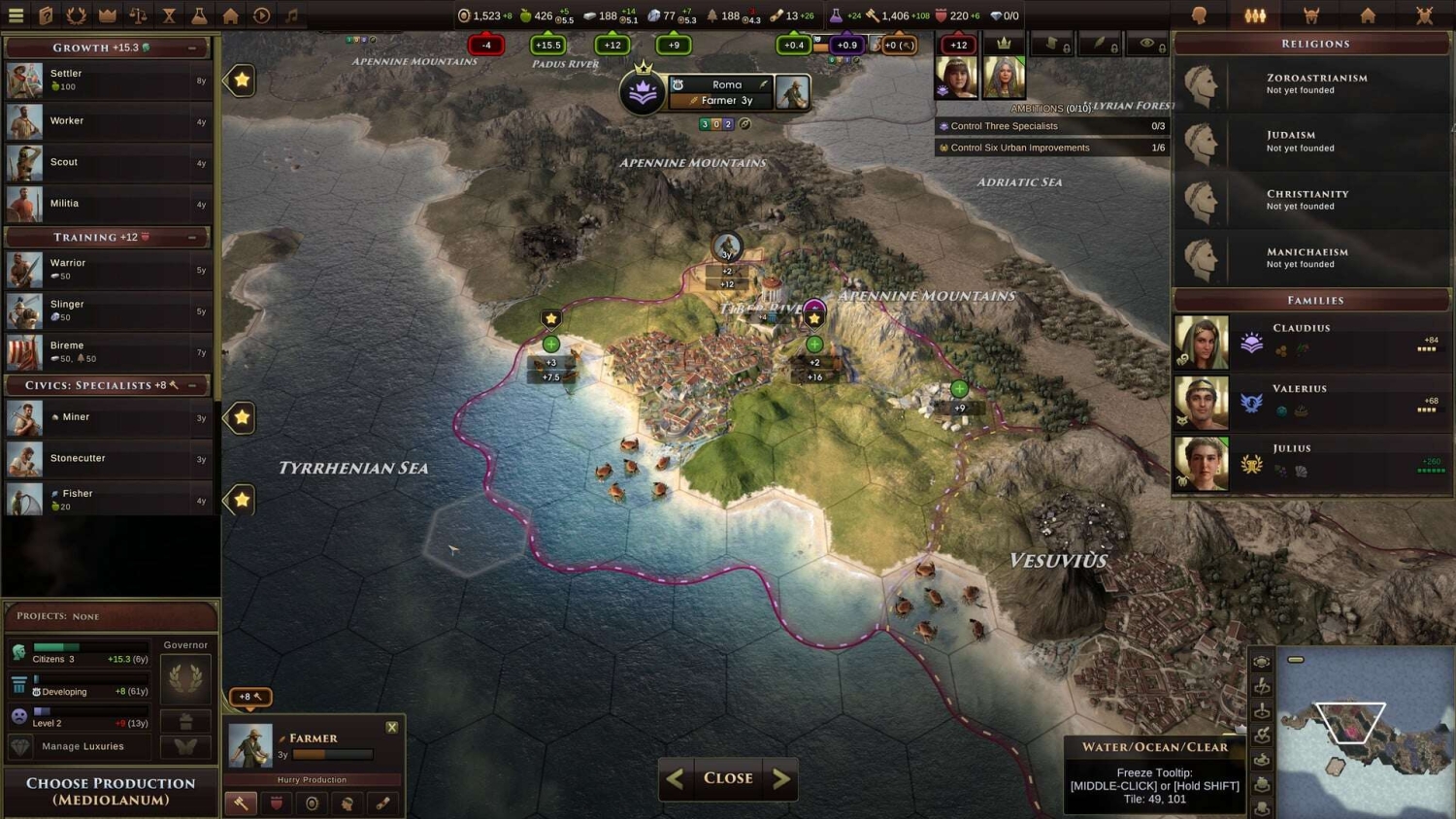 Hexagonal map displaying an ancient Roman city on a coastal region with terrain features and resource icons