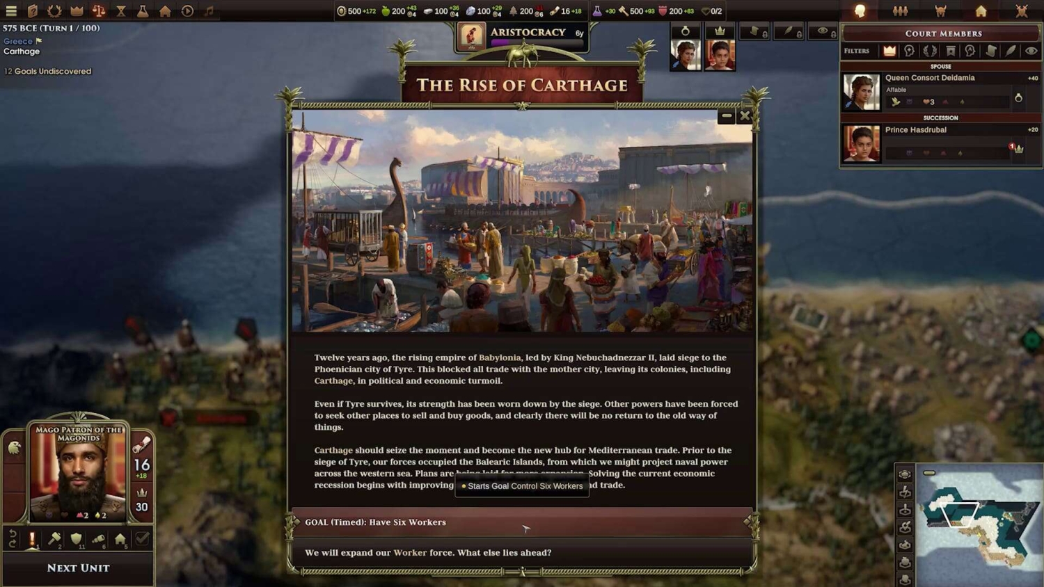 Old World game interface showing The Rise of Carthage introduction with historical background and goal to have six workers