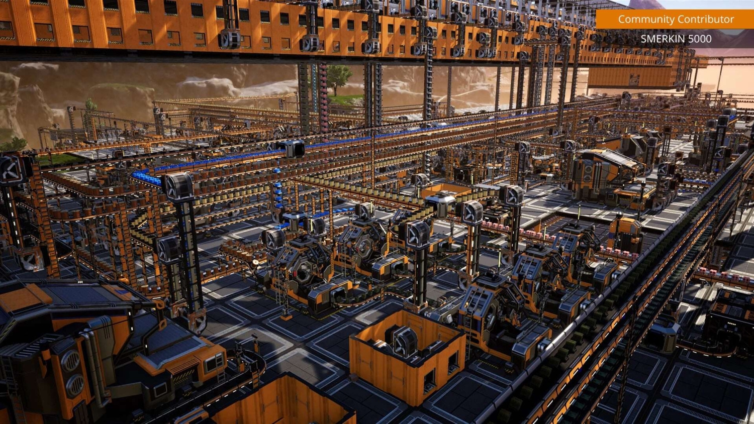 Intricate orange and black factory with conveyor belts and machinery in a detailed futuristic setting