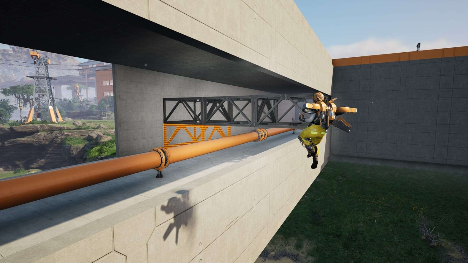 Character in yellow suit jumping beside a long orange pipe attached to concrete walls in industrial setting