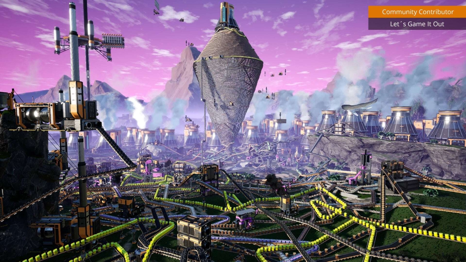 Futuristic sprawling factory with numerous conveyor belts, towers, and a large central spire under a pink sky