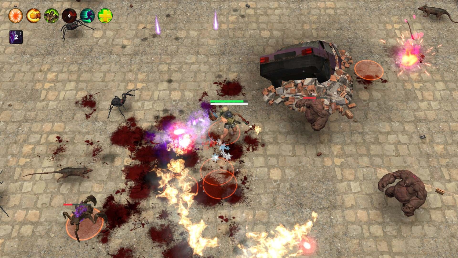 Top-down view of a character fighting various monstrous creatures on a stone tiled floor with fire and blood effects
