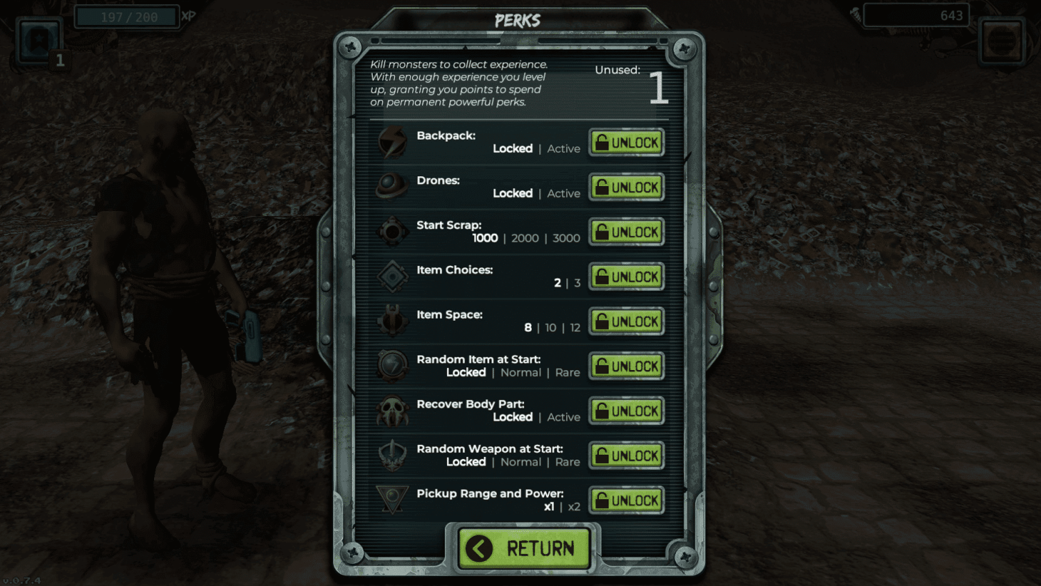 Game menu showing a list of character perks that are locked with the option to unlock, alongside a silhouetted figure in a dark, rocky environment