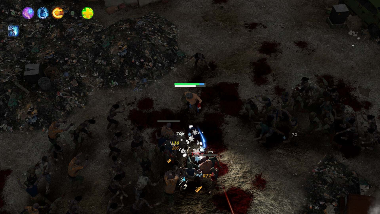 Top-down view of a character fighting multiple enemies in a dark, grim environment with health and skill icons