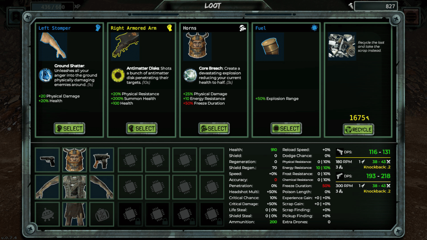 Scrappage game screen displaying inventory with selectable body parts, weapons, stats, and a recycle option for scrap