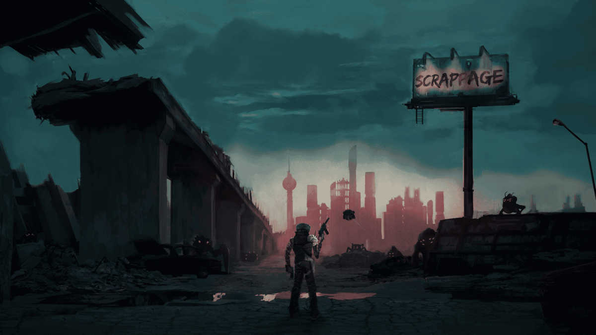 Armoured character holding a gun facing a ruined cityscape under a dark cloudy sky with a Scrappage billboard