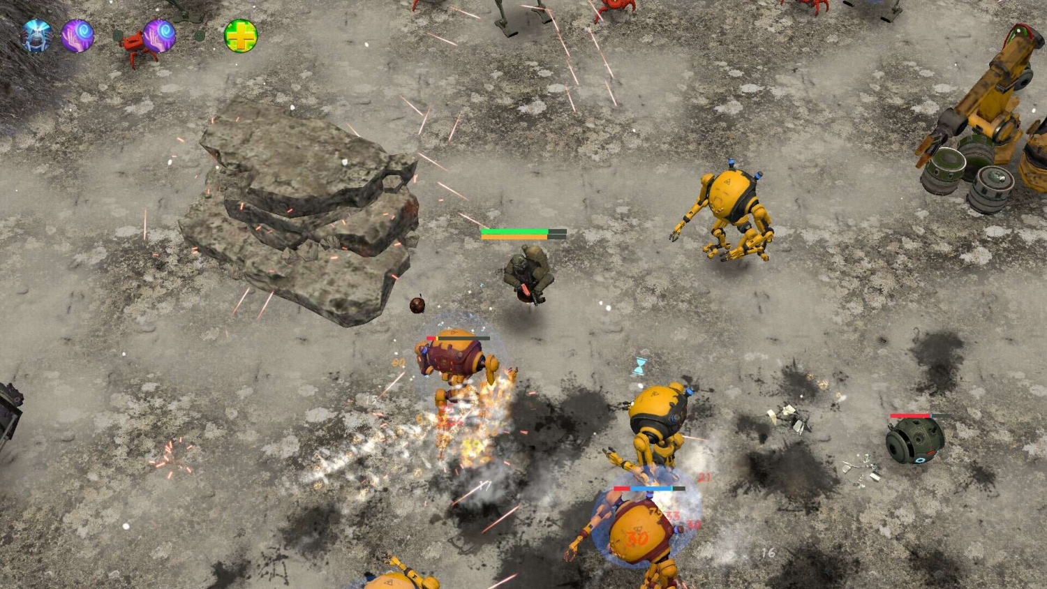 Top-down view of a character shooting yellow robots on cracked grey terrain with rock formations and debris