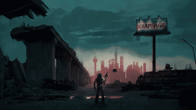 Armoured character holding a gun facing a ruined cityscape under a dark cloudy sky with a Scrappage billboard