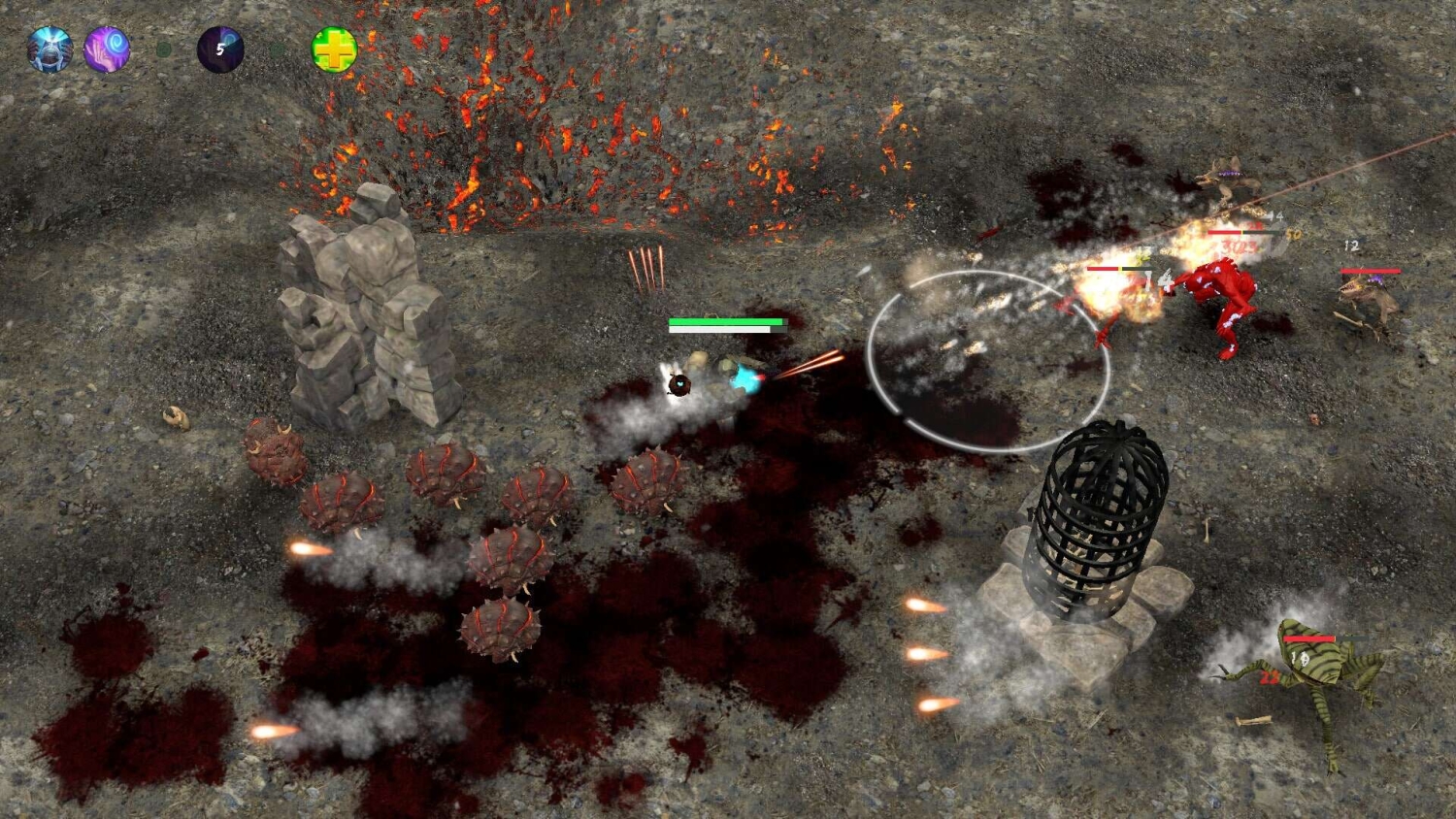 Top-down view of a grey volcanic battlefield with lava and various creatures engaged in combat