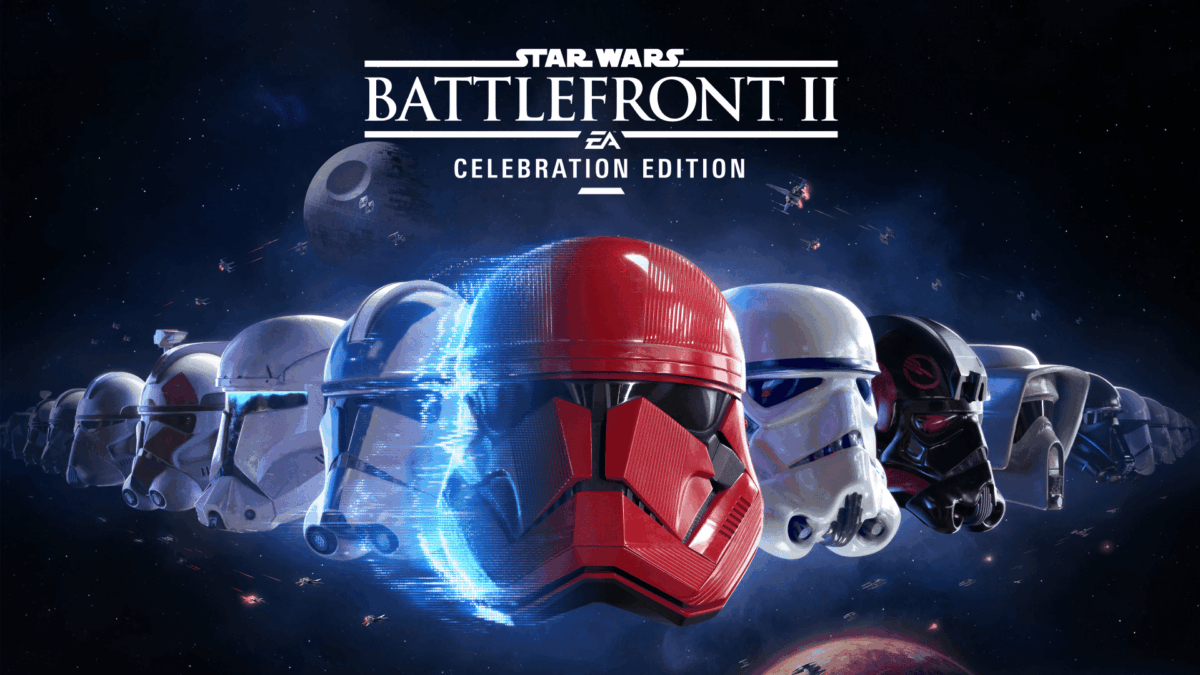 Line of various Star Wars Battlefront II helmets with a red and blue split glowing helmet in front