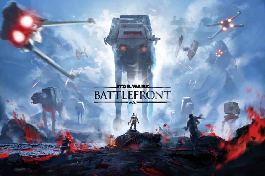 Intense battle scene with AT-AT walkers, X-wing and TIE fighters in smoky, fiery terrain