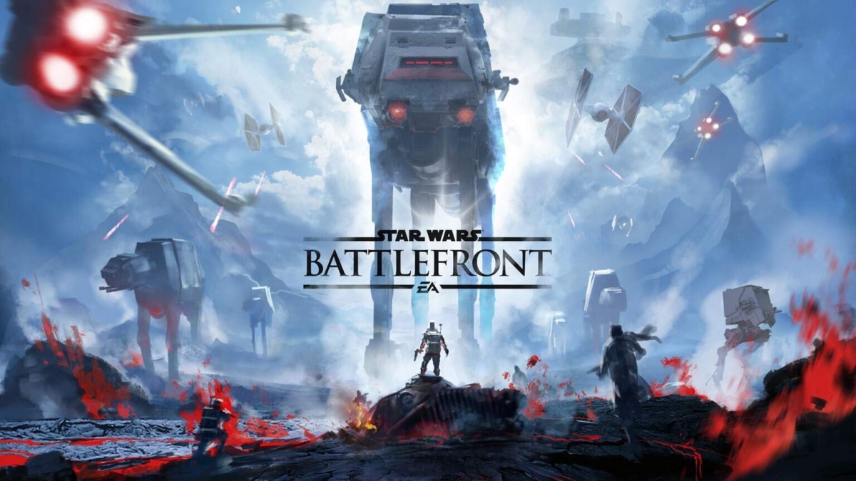 Intense battle scene with AT-AT walkers, X-wing and TIE fighters in smoky, fiery terrain