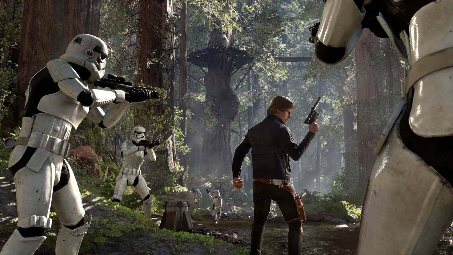 Man holding a blaster faces multiple stormtroopers aiming weapons at him in a dense forest