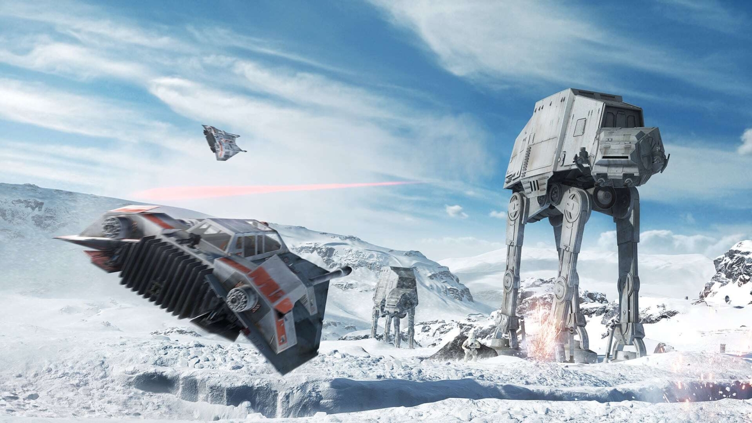 Futuristic walkers and flying vehicles exchange laser fire on a snowy battlefield under a cloudy sky