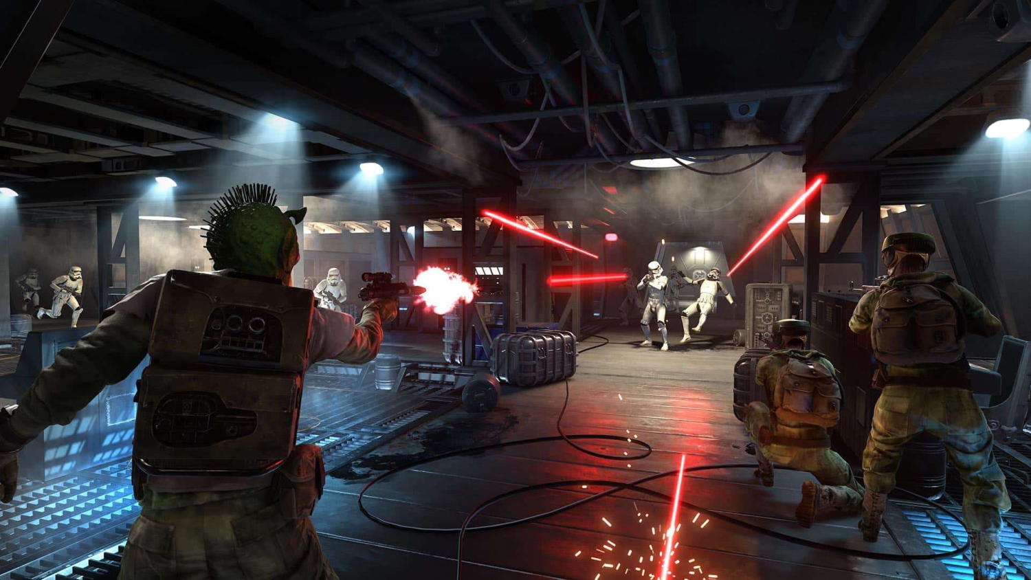 Characters engaged in a blaster firefight inside a dimly lit metallic industrial space