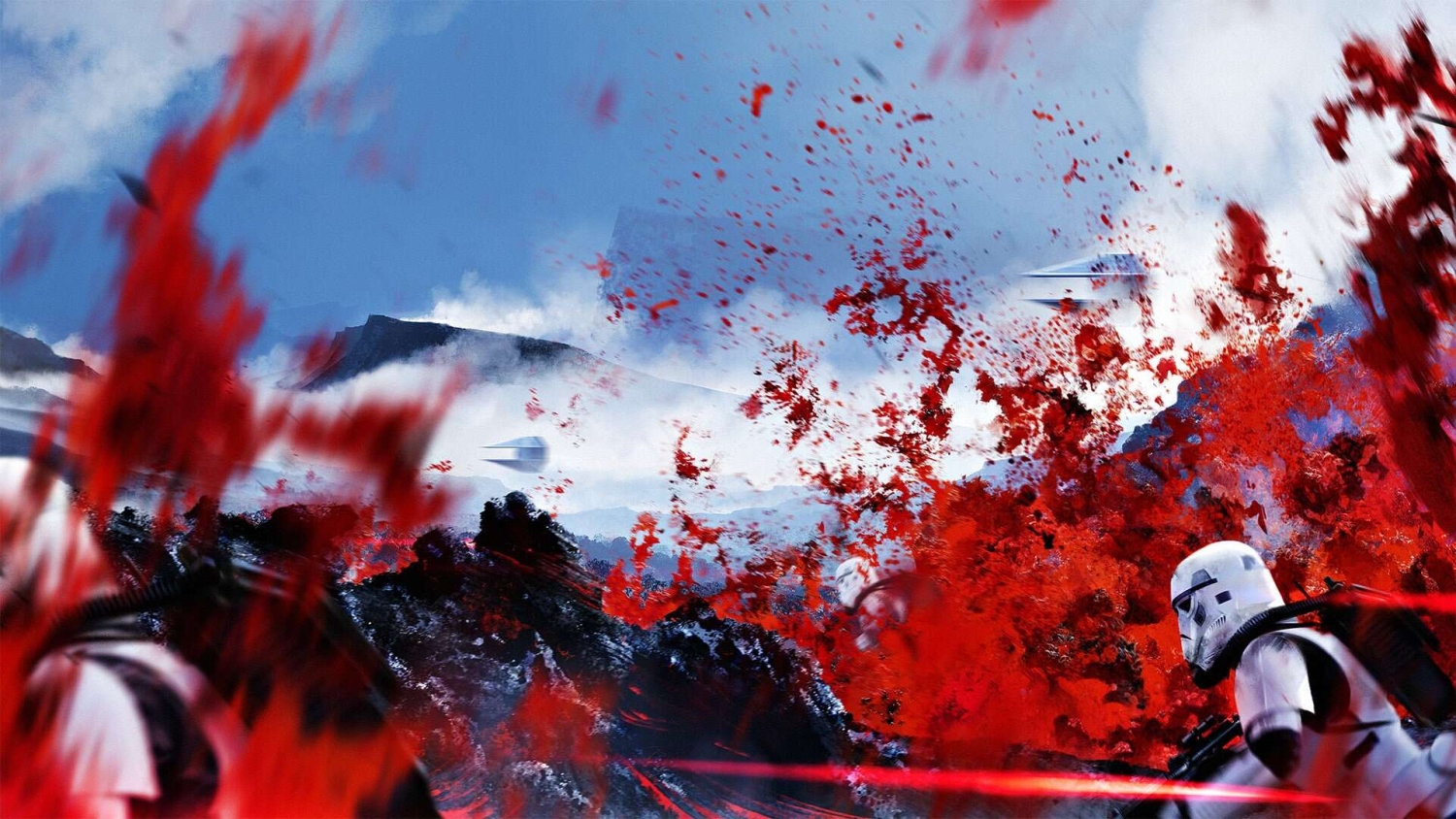 Two stormtroopers firing weapons amidst red explosions in a rocky terrain under a clear blue sky