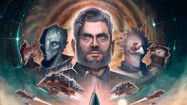 Artwork featuring a central human leader with grey hair and beard surrounded by diverse alien figures and spaceships against a cosmic background