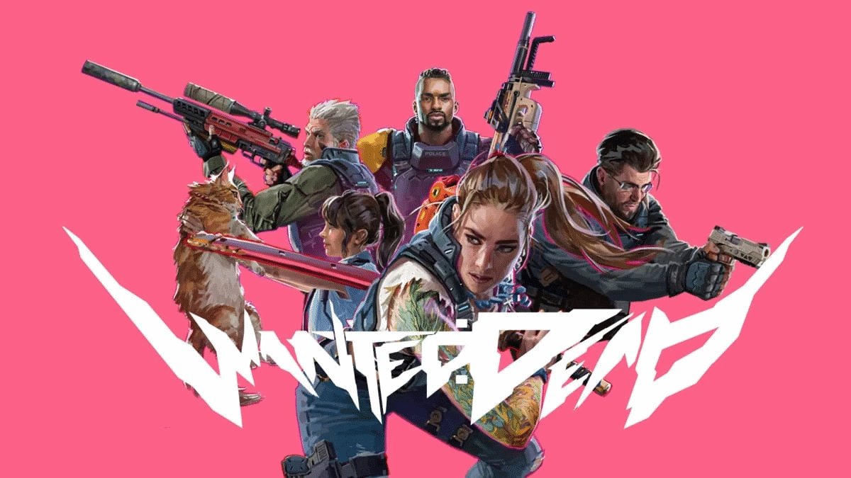 Five armed characters and a cat pose dynamically against a bright pink background with the Wanted: Dead logo