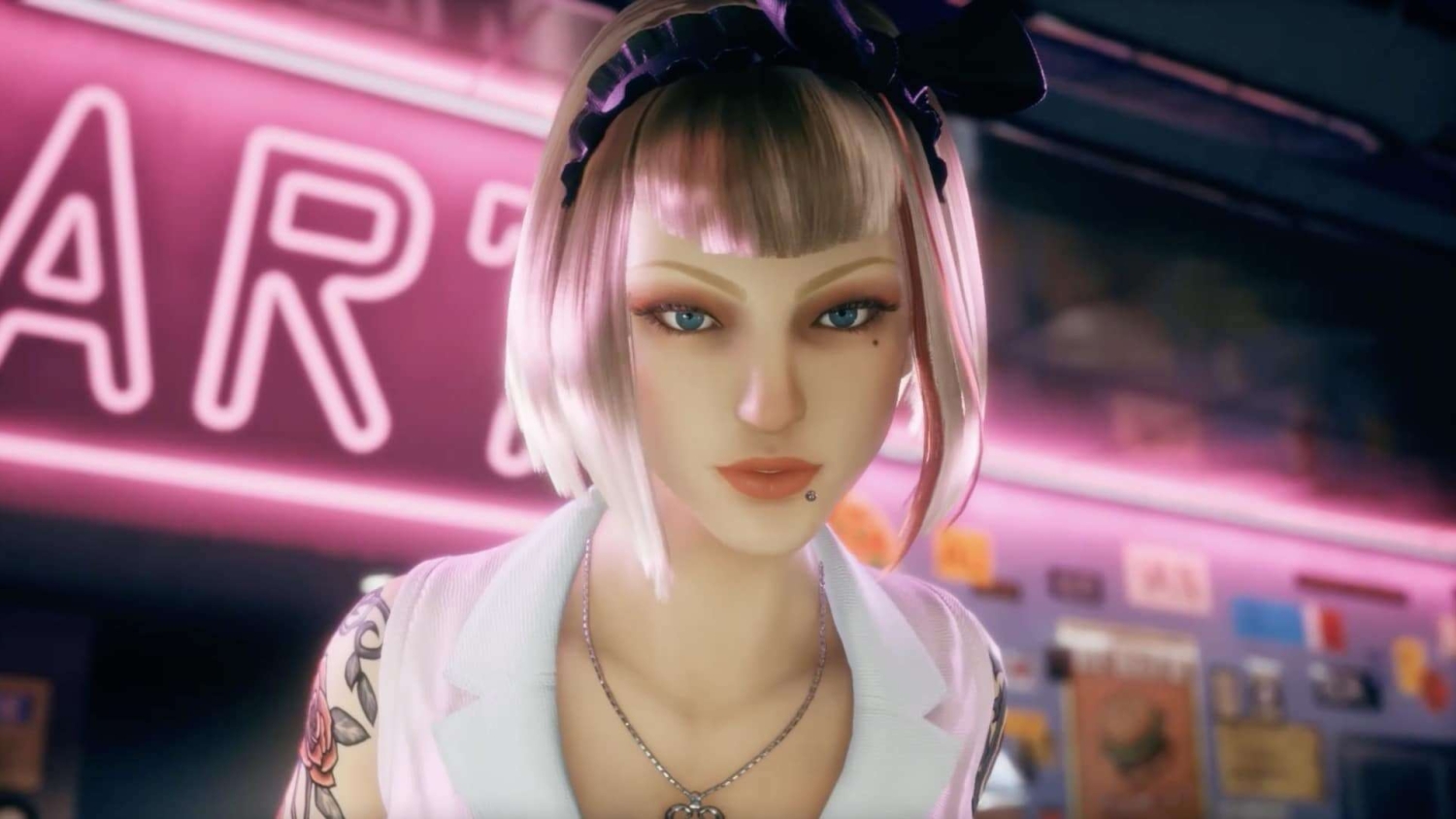 Close-up of a light-haired woman with blue eyes and a lip piercing in a neon-lit bar with tattooed arm