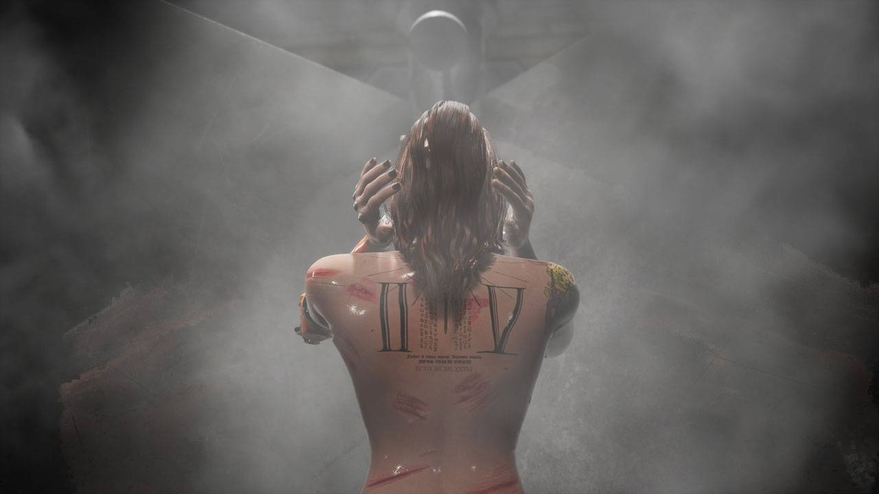 Shirtless figure with long wet hair and Roman numerals tattooed on back stands facing misty environment
