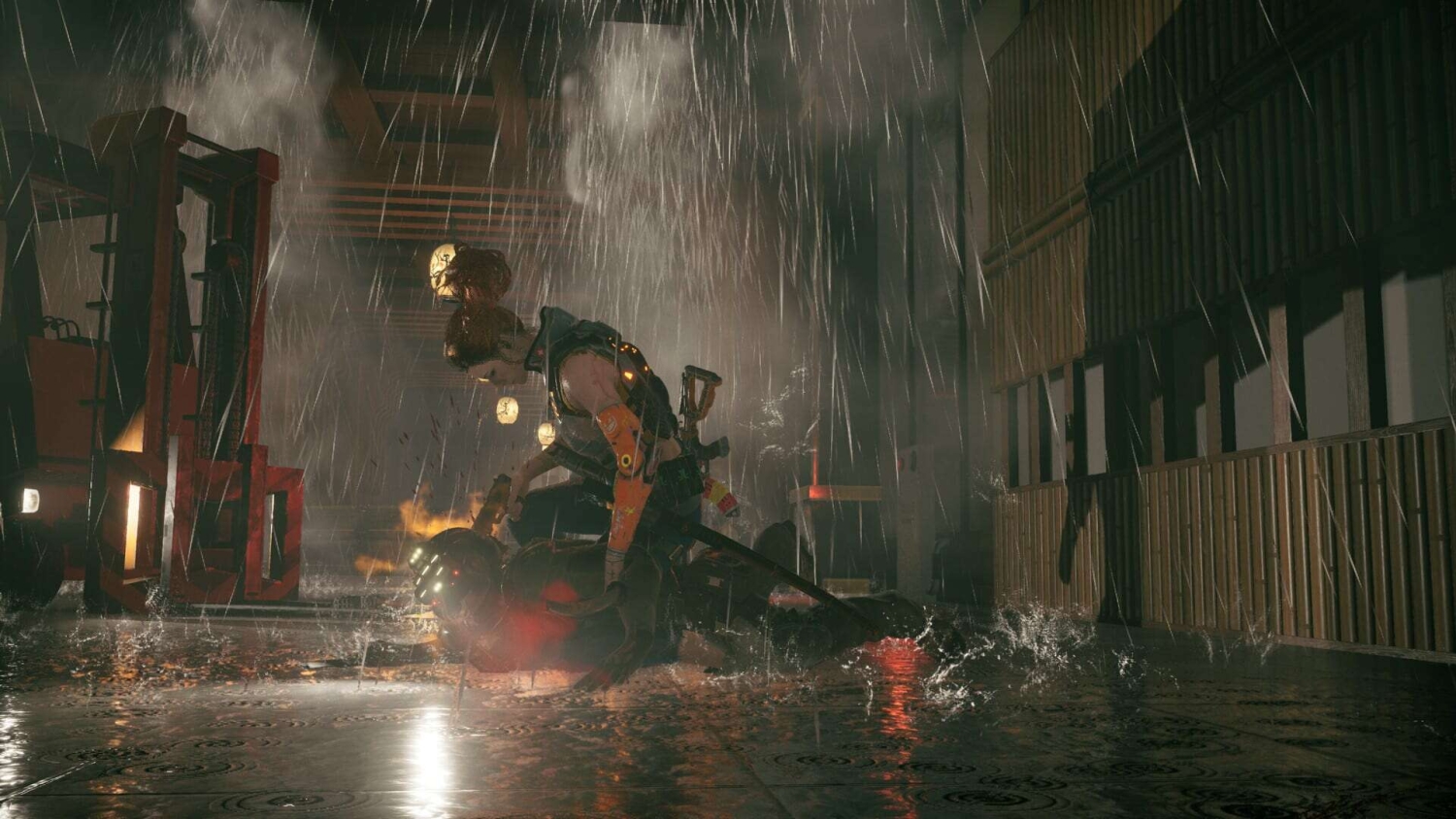 Female character attacks armed opponent on wet pavement under heavy rain at night