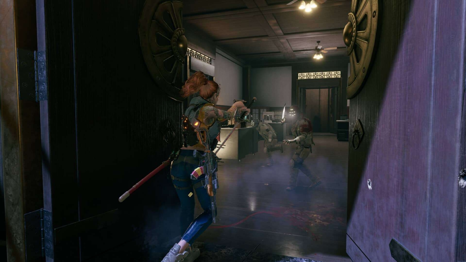 A female character armed with a gun and katana faces two enemies in a dark, narrow office room filled with smoke.