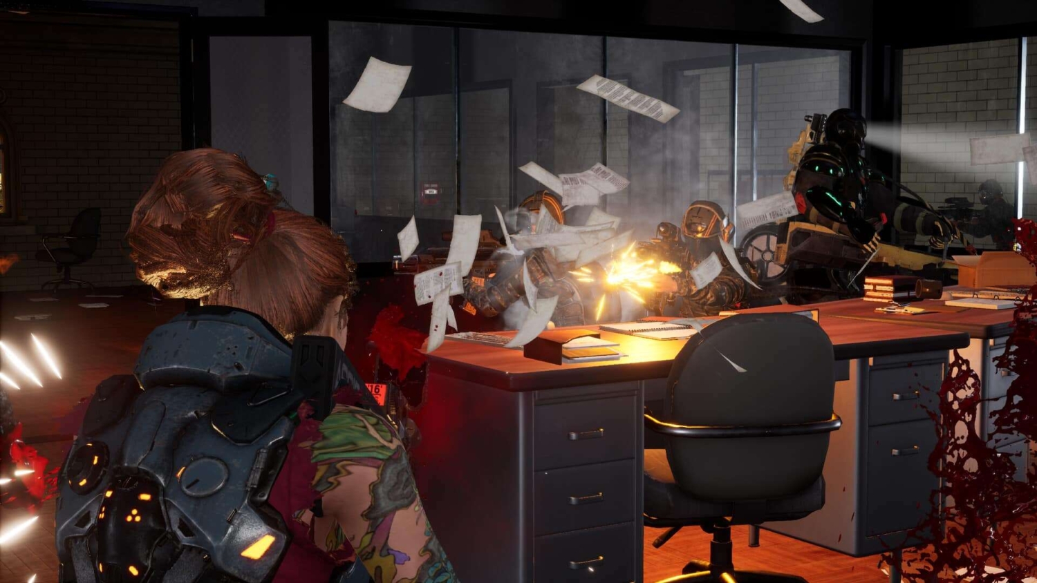 Person in combat gear firing a gun across an office desk at armoured robots with papers flying and blood splatter