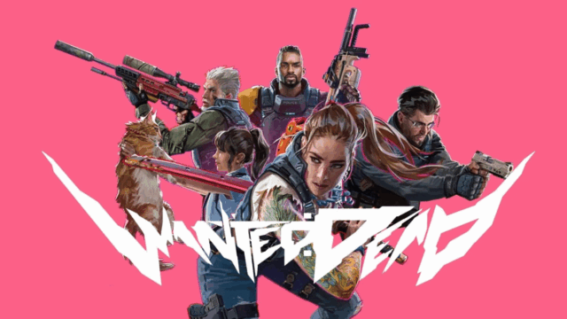 Five armed characters and a cat pose dynamically against a bright pink background with the Wanted: Dead logo