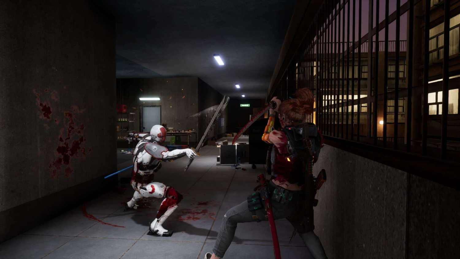Two armed characters wield swords facing each other in a dimly lit corridor with blood splatters on the floor and walls