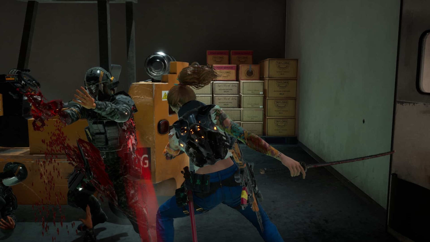 Female character with a ponytail attacks a helmeted armoured enemy with a sword amidst stacked cardboard boxes