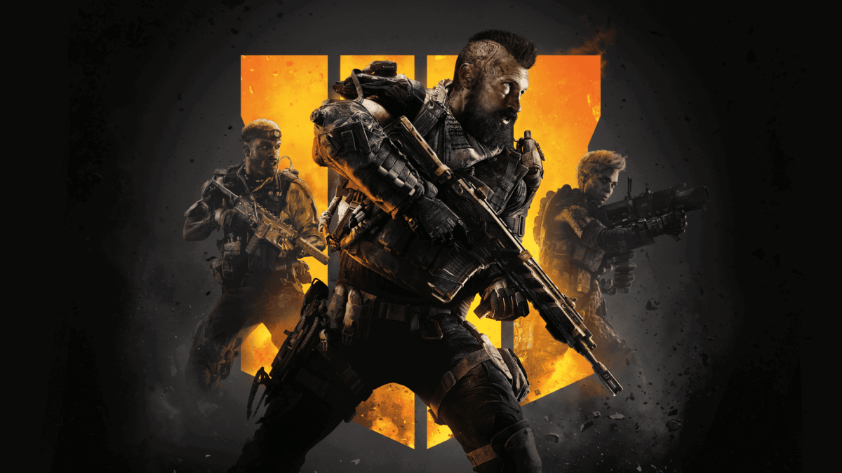 Three armed soldiers in tactical gear posed in front of an orange Roman numeral four logo with a dark background