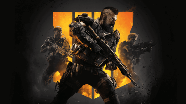 Three armed soldiers in tactical gear posed in front of an orange Roman numeral four logo with a dark background
