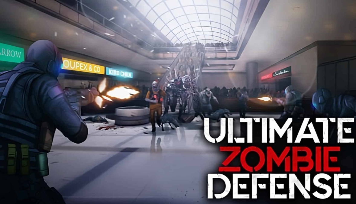 Two armed soldiers firing at approaching zombies and robotic enemies inside a mall corridor