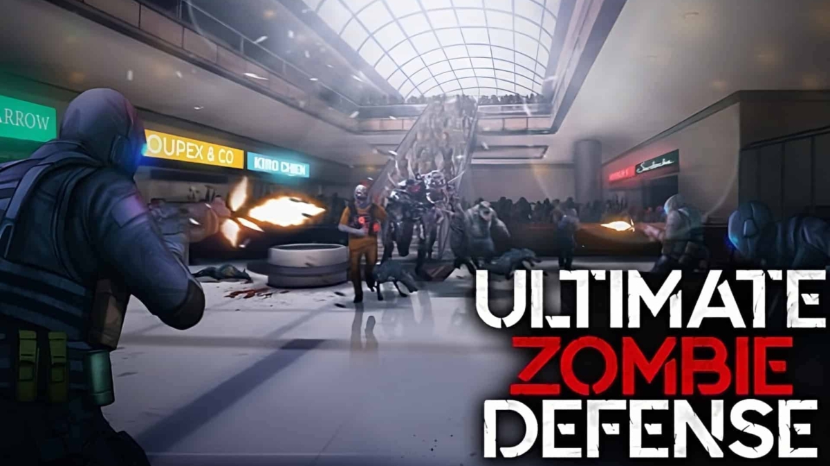 Two armed soldiers firing at approaching zombies and robotic enemies inside a mall corridor