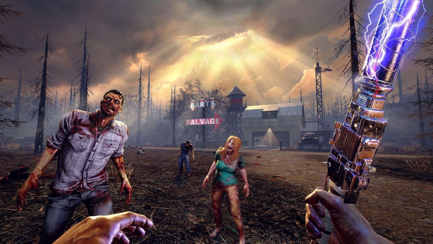 First-person view of a player holding a glowing electrified weapon facing three approaching zombies near a rundown building at sunset
