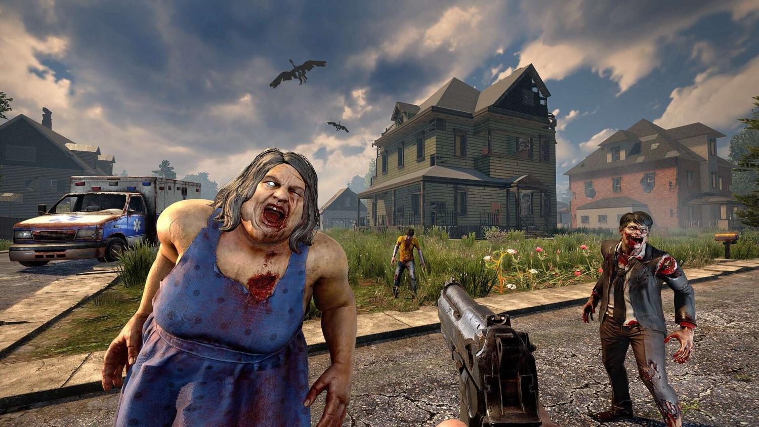 Player holding a handgun aiming at approaching zombies in a suburban street with houses and an ambulance