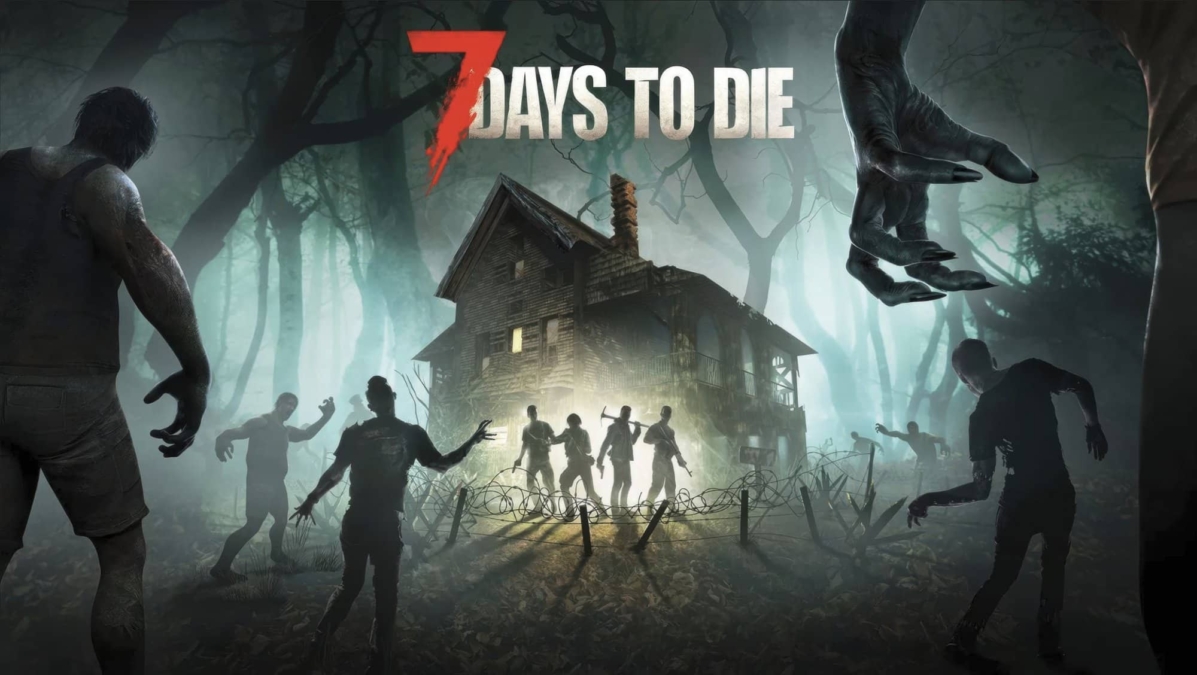 Zombies approaching a glowing wooden house in a dark, foggy forest with 7 Days to Die title above