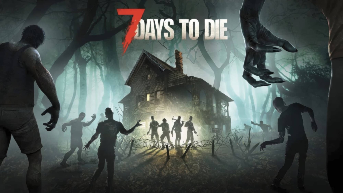 Zombies approaching a glowing wooden house in a dark, foggy forest with 7 Days to Die title above