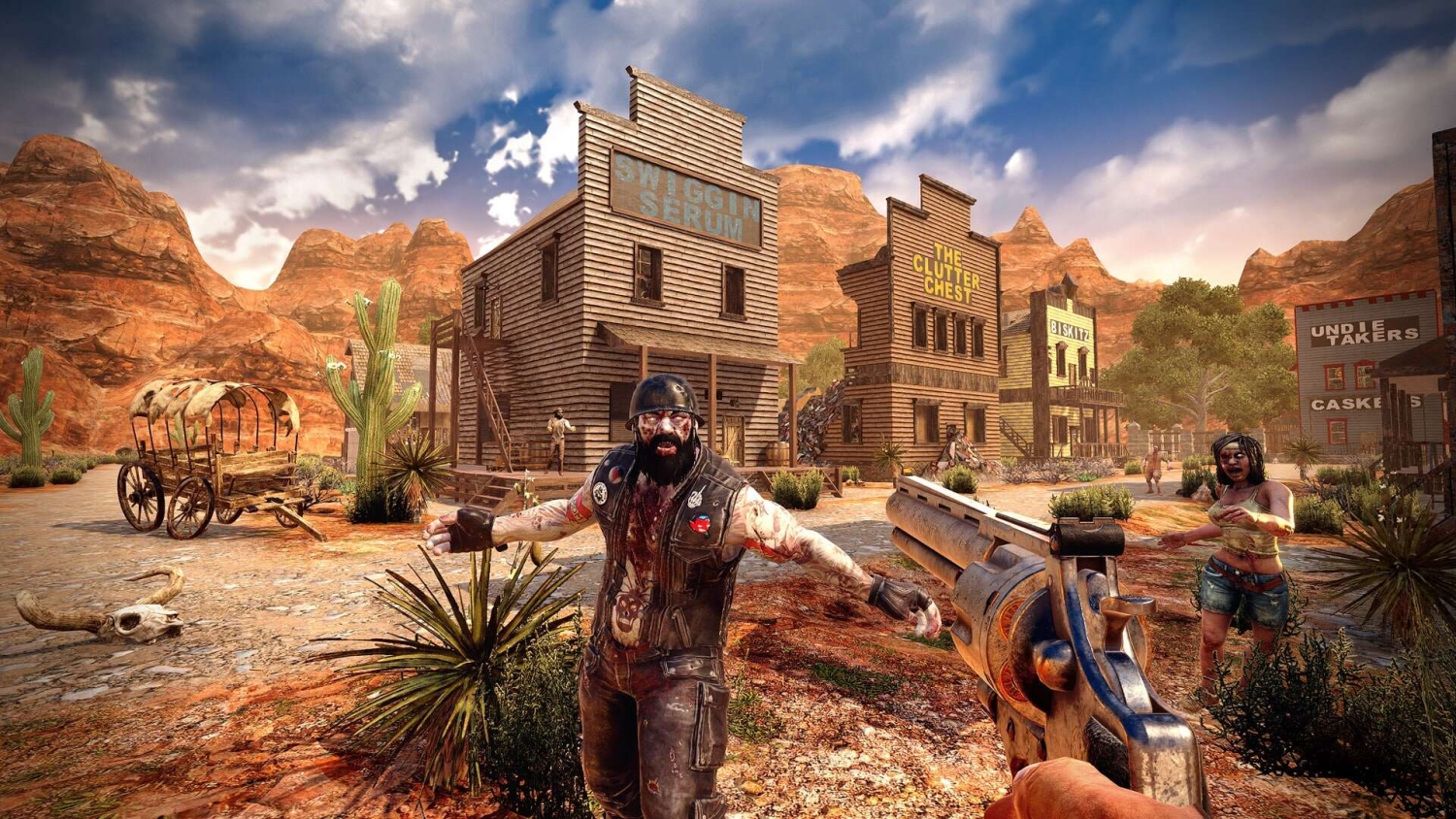 First-person view aiming a revolver at a bloodied zombie biker in a desert town with wooden buildings and cacti