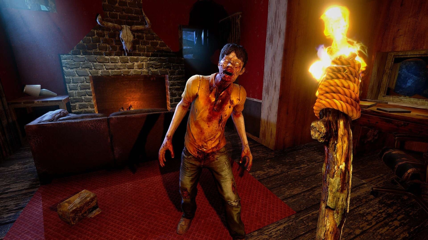 Bloody zombie standing in a dimly lit room with a burning torch in the foreground