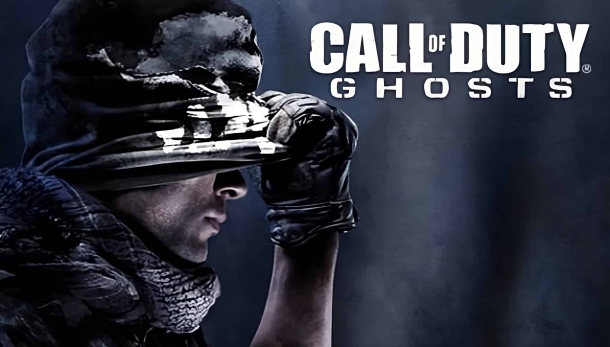 Side profile of soldier adjusting skull patterned cap against smoky blue background with Call of Duty Ghosts title