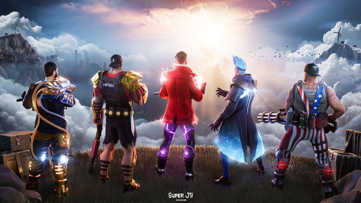 Five stylised characters in colourful futuristic armour stand on a grassy hill facing a bright glowing sky with clouds and distant mountains
