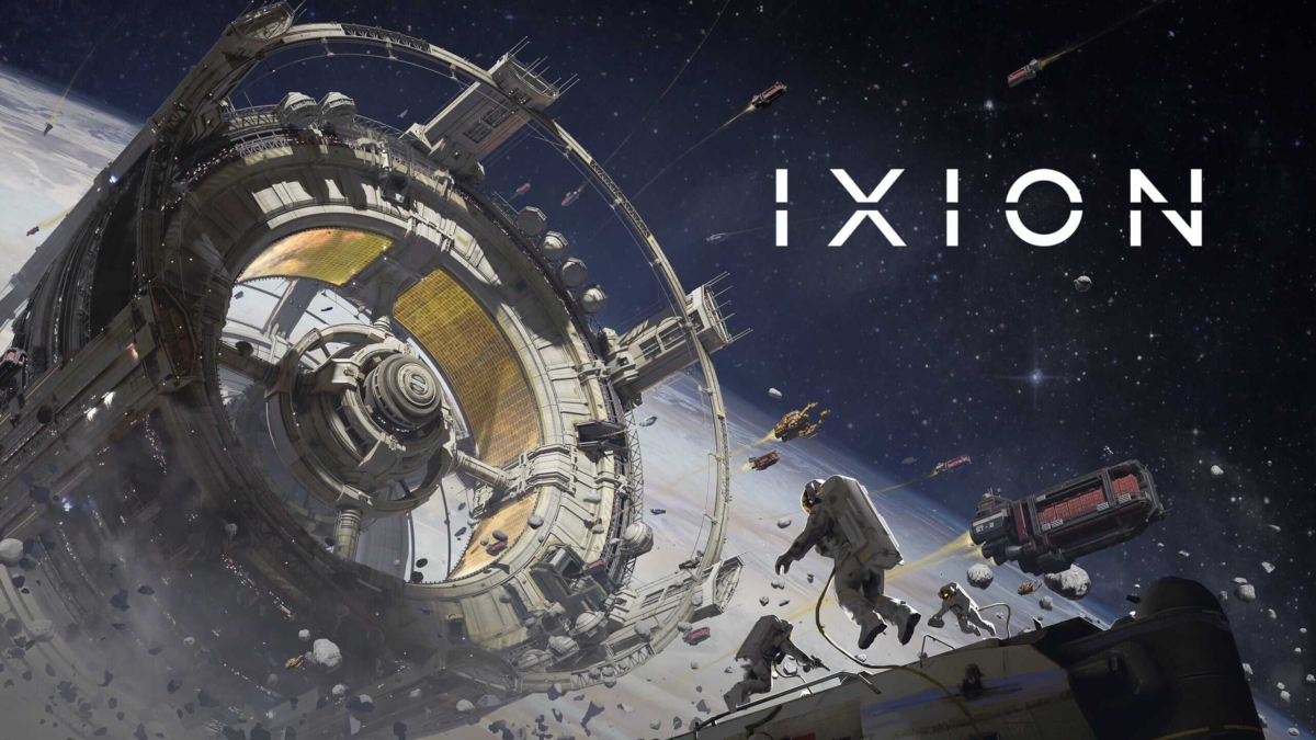 Large circular space station orbiting a planet with astronauts and ships nearby