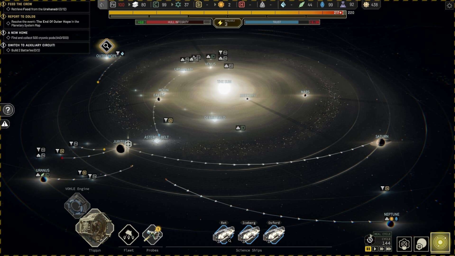 Solar system map showing planets, spacecraft routes, and resource icons in space strategy game interface