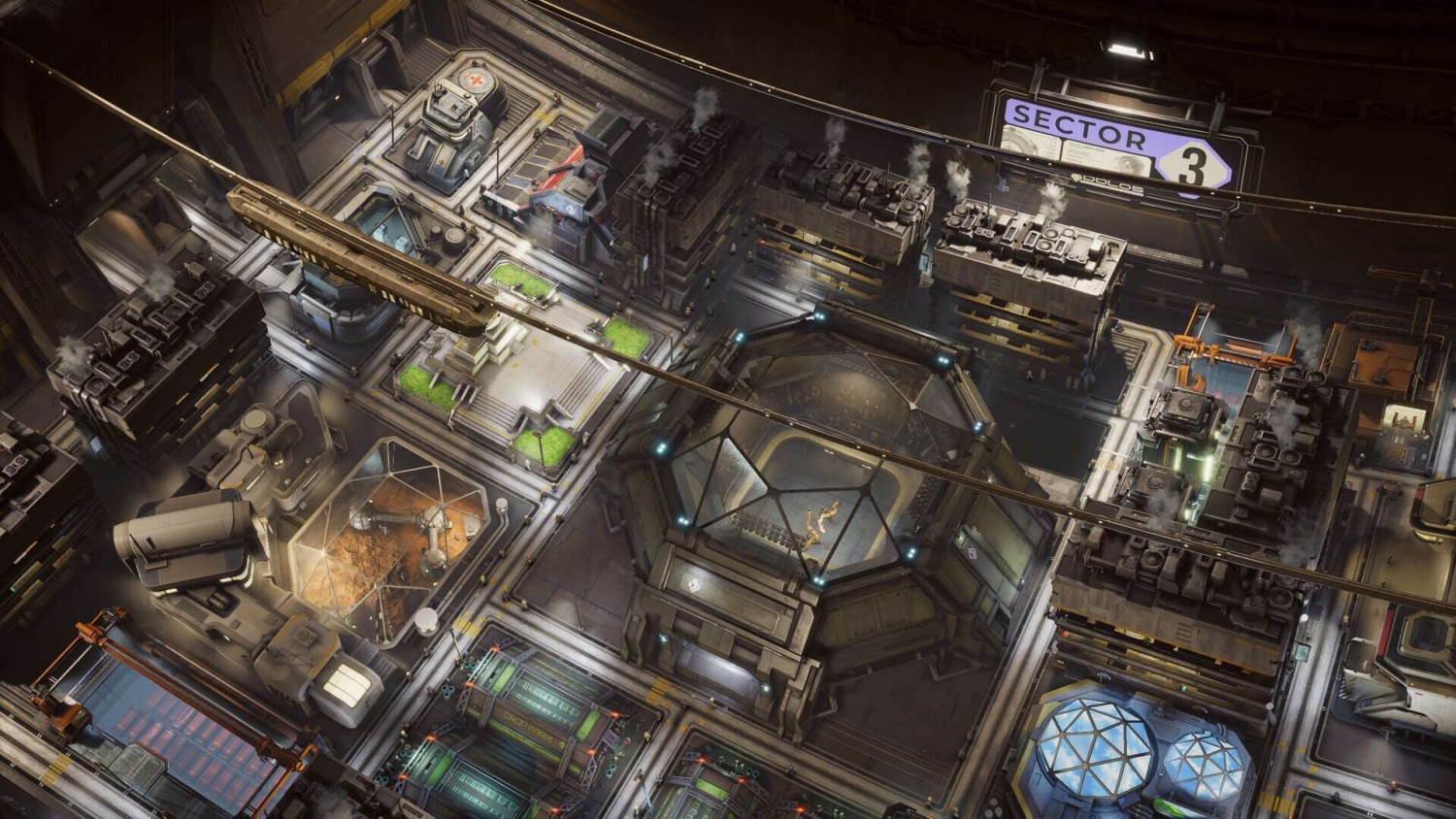 Top-down view of interconnected industrial buildings with smoke stacks in a futuristic space station sector