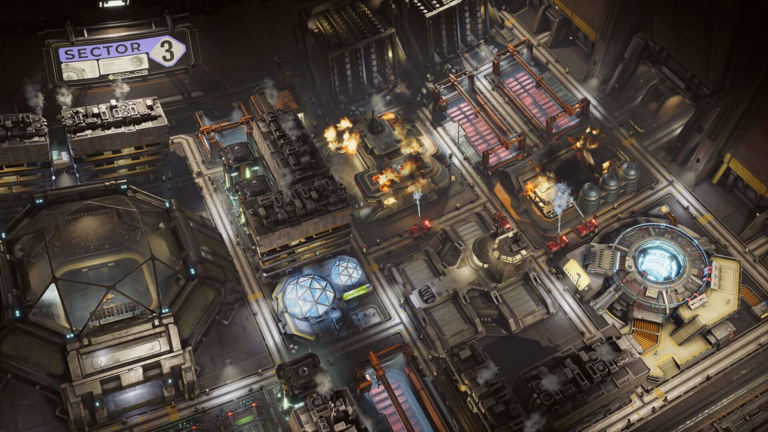 Top-down view of a futuristic industrial complex with large machinery, domed buildings, and fire outbreaks